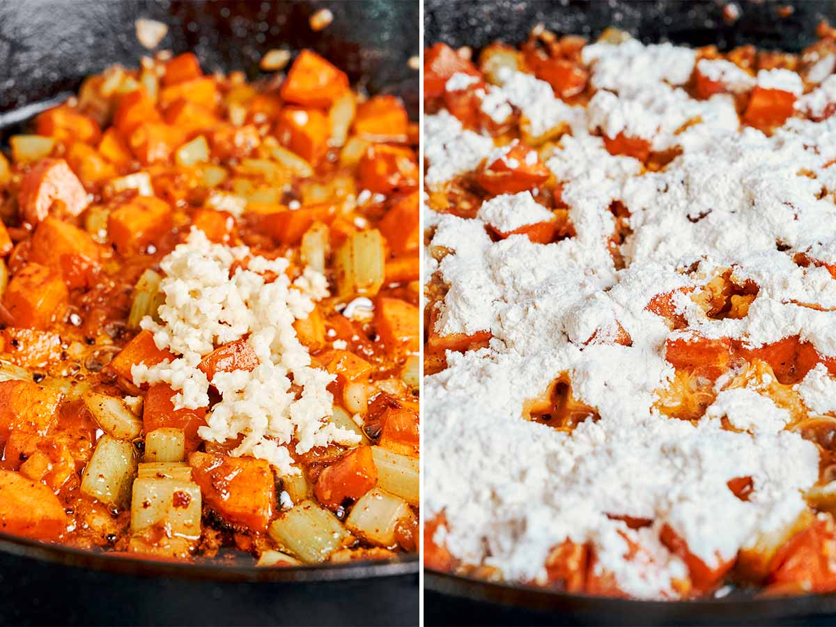 Minced garlic and flour added to sautéed vegetables for creamy chicken soup.