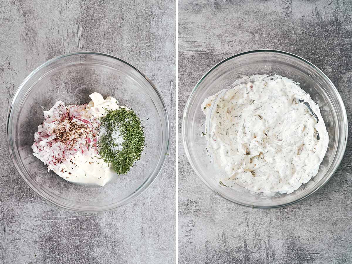 Sour cream, mayonnaise, dill, red onion, garlic, and seasonings mixed into a creamy cucumber salad dressing.