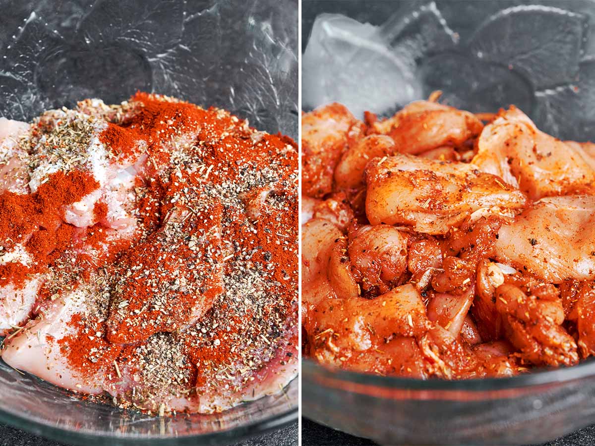 Chicken thighs seasoned with paprika, Italian seasoning, salt, and black pepper for creamy chicken and gnocchi.