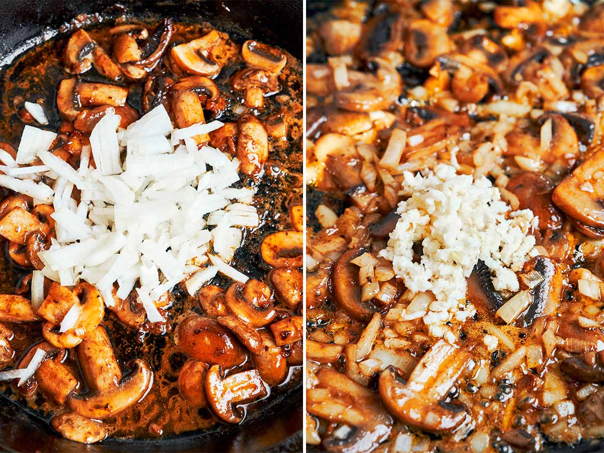 Chopped onion and fresh garlic cooking with browned mushrooms to build a savory cream sauce.