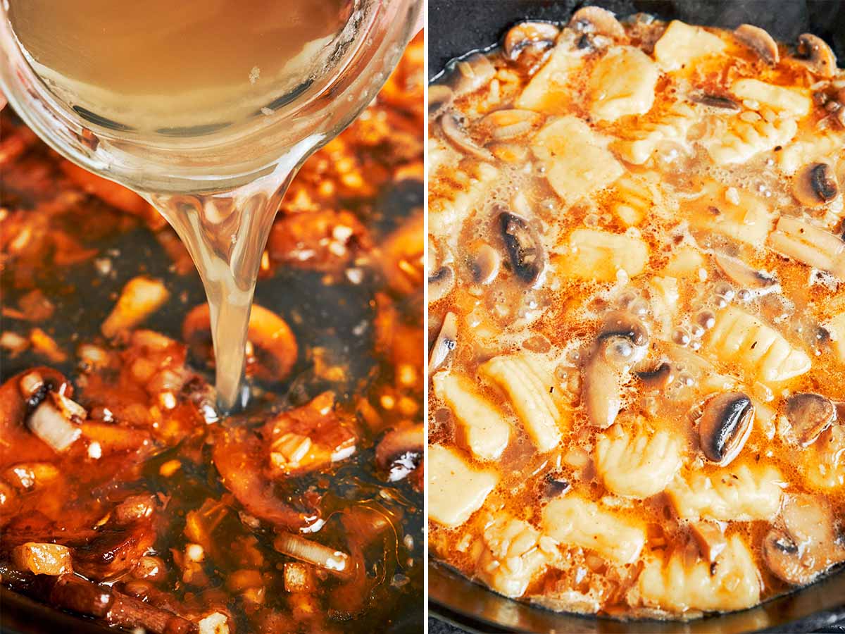 Chicken broth poured into the skillet with mushrooms and potato gnocchi simmering until soft.
