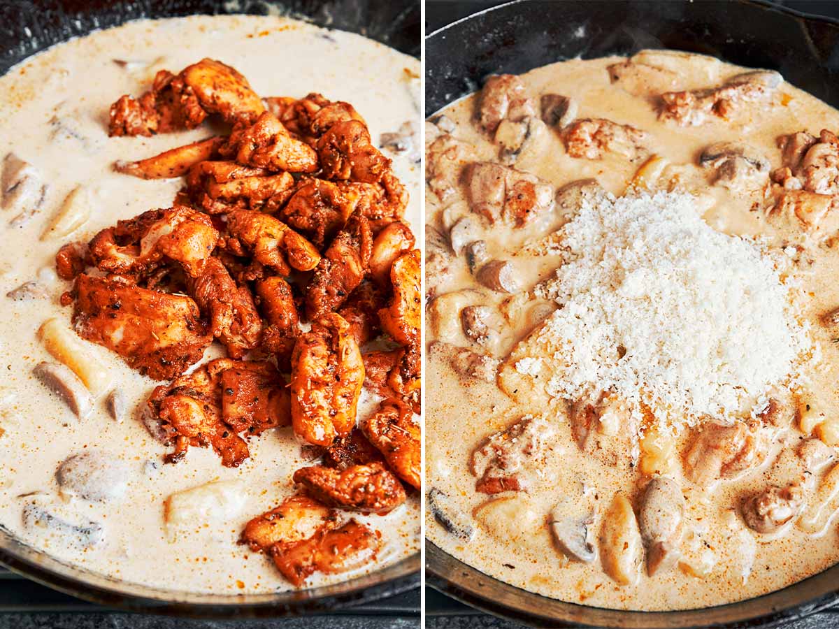 Seared chicken thighs and Parmesan added back to the skillet with soft gnocchi and creamy mushroom sauce.