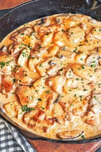 Creamy Chicken and Gnocchi in a cast iron skillet with tender chicken thighs, pillowy potato gnocchi, mushrooms, and silky Parmesan cream sauce.