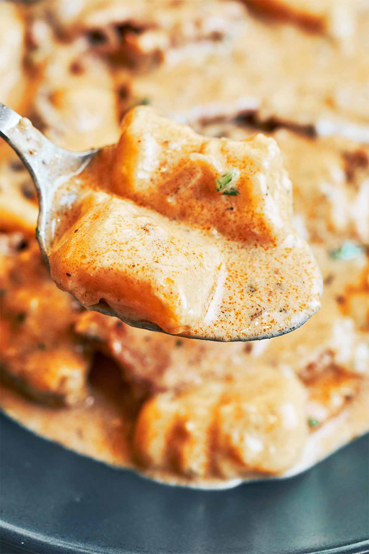 Pillowy potato gnocchi coated in creamy garlic Parmesan sauce on a spoon.