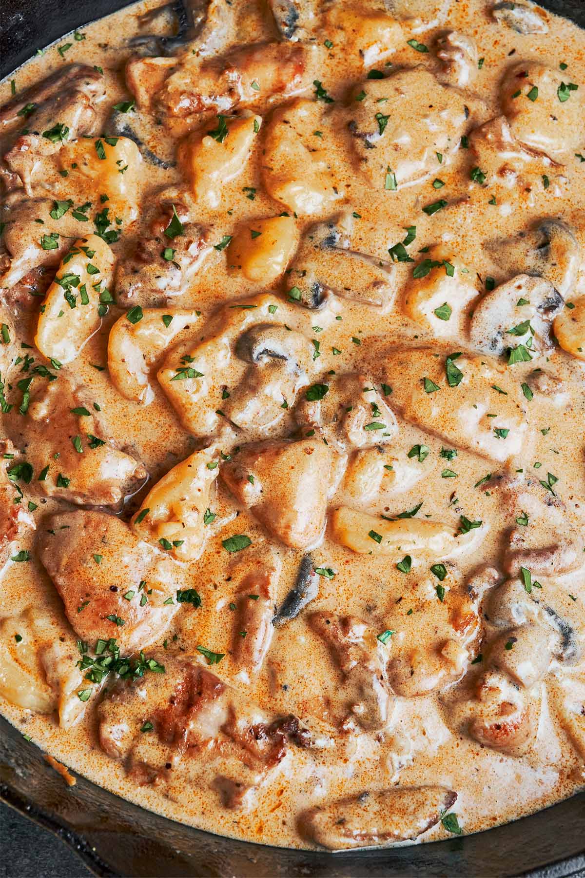 Creamy Chicken and Gnocchi in a skillet with tender chicken thighs, mushrooms, pillowy gnocchi, and garlic Parmesan cream sauce.