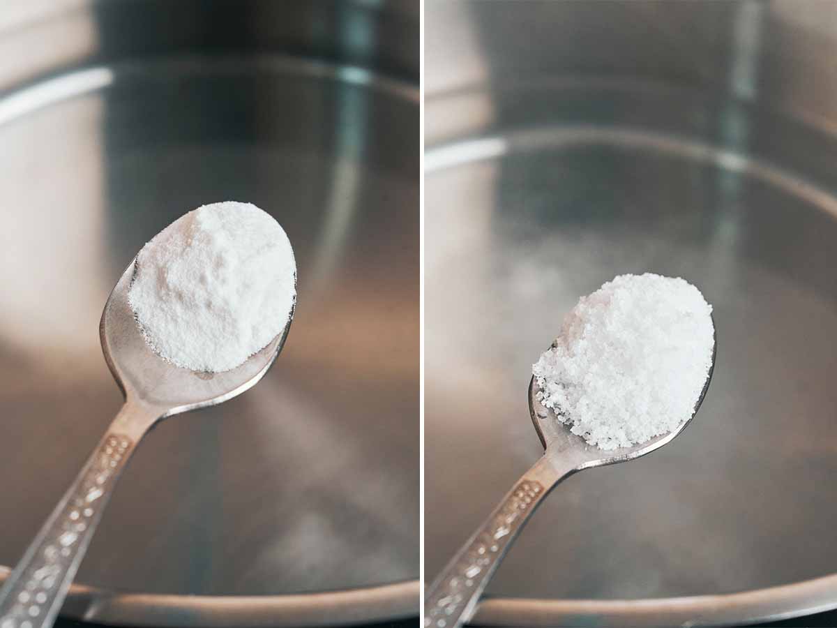 Baking soda and salt measured over a pot of boiling water before adding the potato wedges
