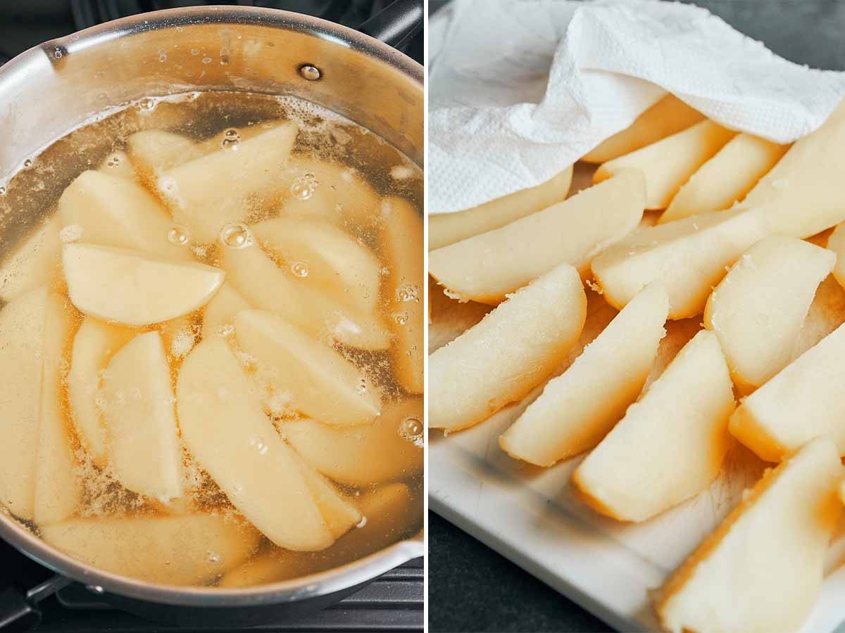 Potato wedges briefly parboiling, then draining and drying with paper towels before seasoning