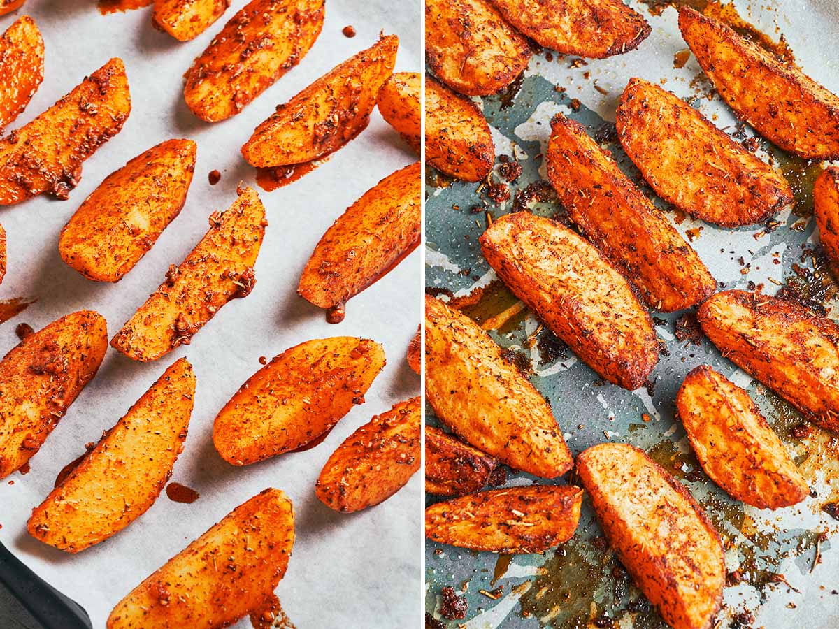 Seasoned potato wedges arranged in a single layer before roasting and deeply golden with crisp edges after baking