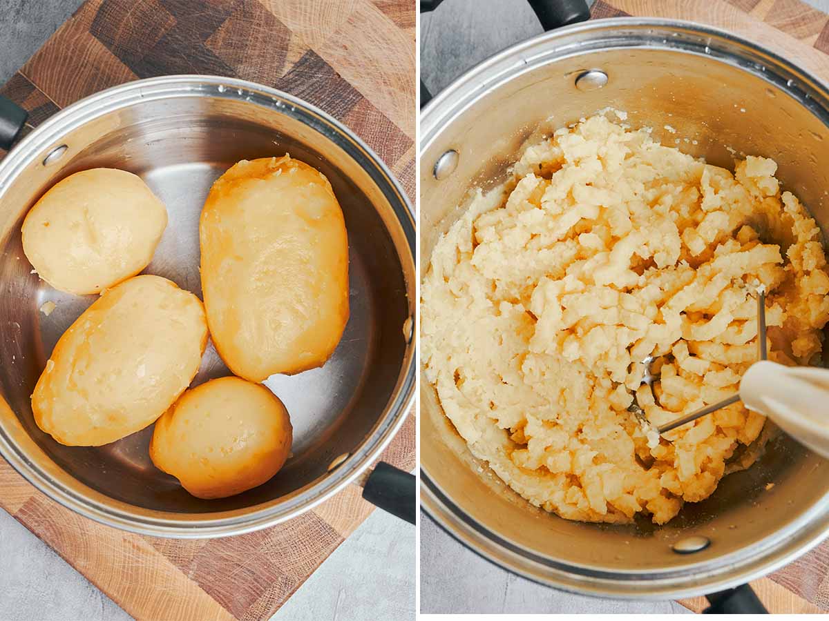 Warm boiled potatoes peeled and mashed for soft homemade potato gnocchi dough.