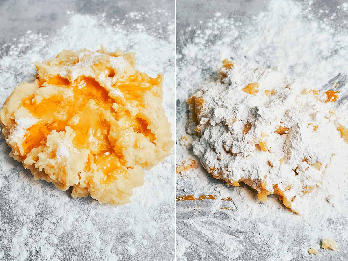 Mashed potatoes mixed with egg, salt, and flour to start homemade gnocchi dough.