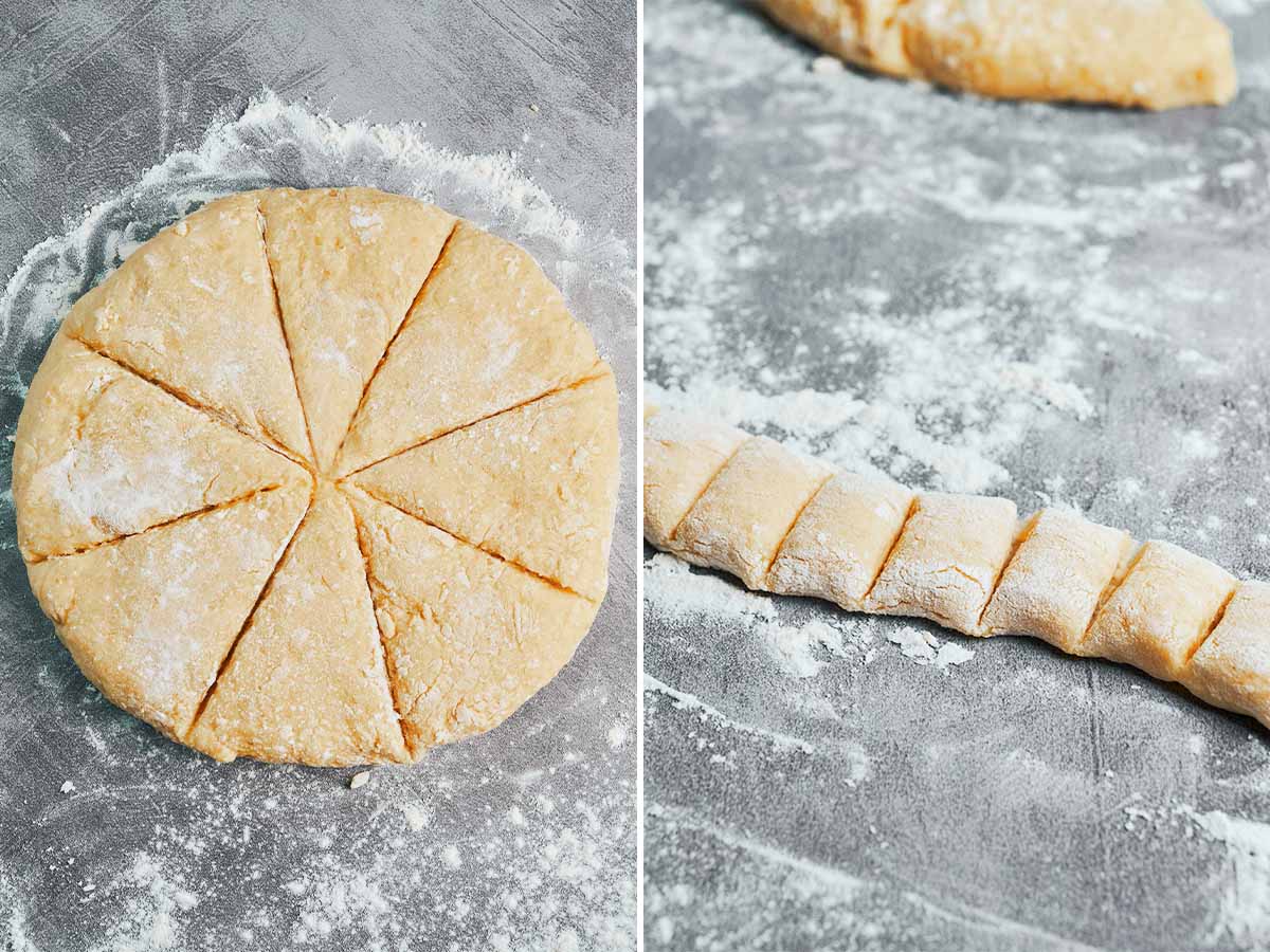 Soft potato gnocchi dough divided into pieces and rolled into long ropes on a floured surface.