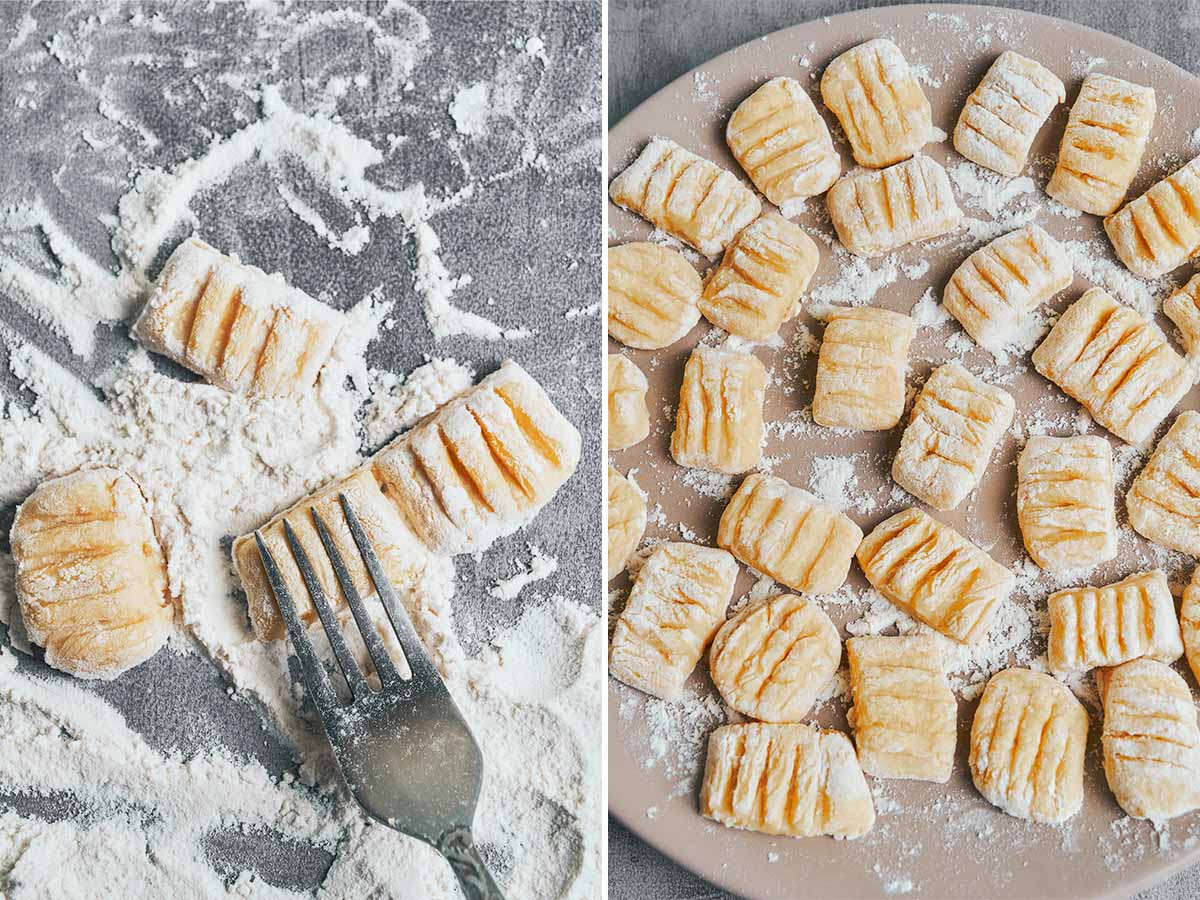 Homemade potato gnocchi shaped with a floured fork to create classic ridges.