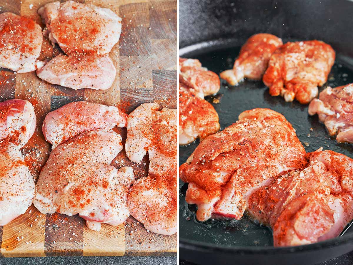Boneless chicken thighs seasoned with paprika, salt, and black pepper, then seared in a hot cast iron skillet until lightly golden.
