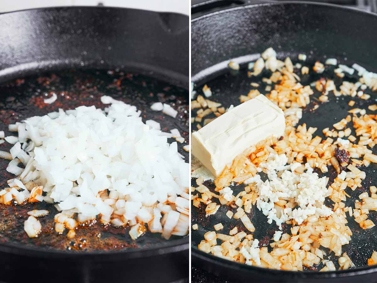 Onion softening in the skillet after the chicken sear, with butter and minced garlic added for the mushroom gravy base.