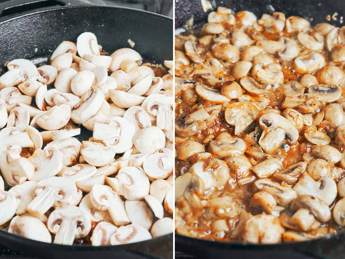 Sliced mushrooms added to the skillet, then cooked down until tender and lightly browned in the savory pan juices.