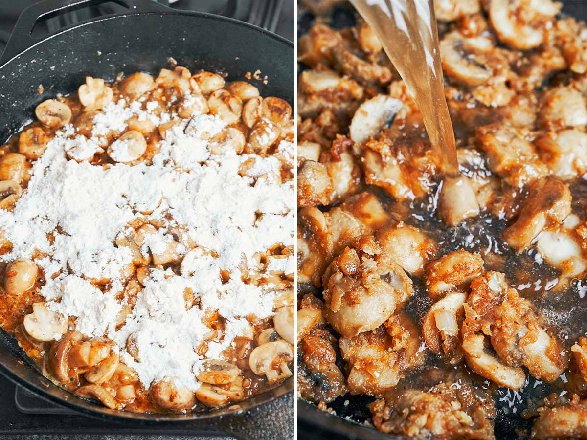 Flour sprinkled over the cooked mushrooms, then chicken broth poured in to start the homemade mushroom gravy.
