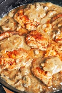 Smothered chicken with mushroom gravy in a skillet with juicy seared chicken thighs, tender mushrooms, and rich homemade gravy.