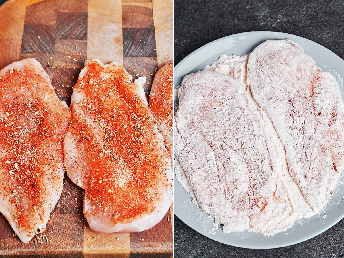 Chicken thighs seasoned with Cajun spices and lightly coated in flour before searing