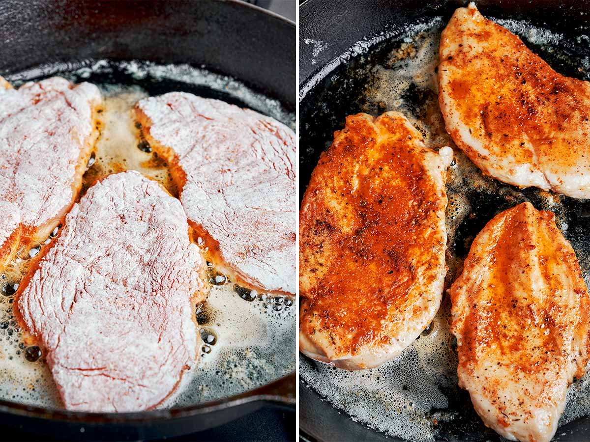 Cajun chicken thighs searing in butter until golden brown