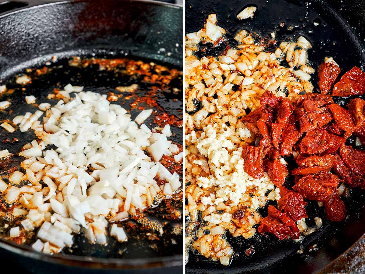 Chopped onion, garlic, and sun-dried tomatoes sautéed in a skillet for Cajun chicken sauce