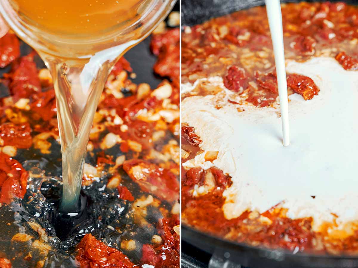 Chicken broth and cream added to a skillet with sun-dried tomatoes for Cajun cream sauce