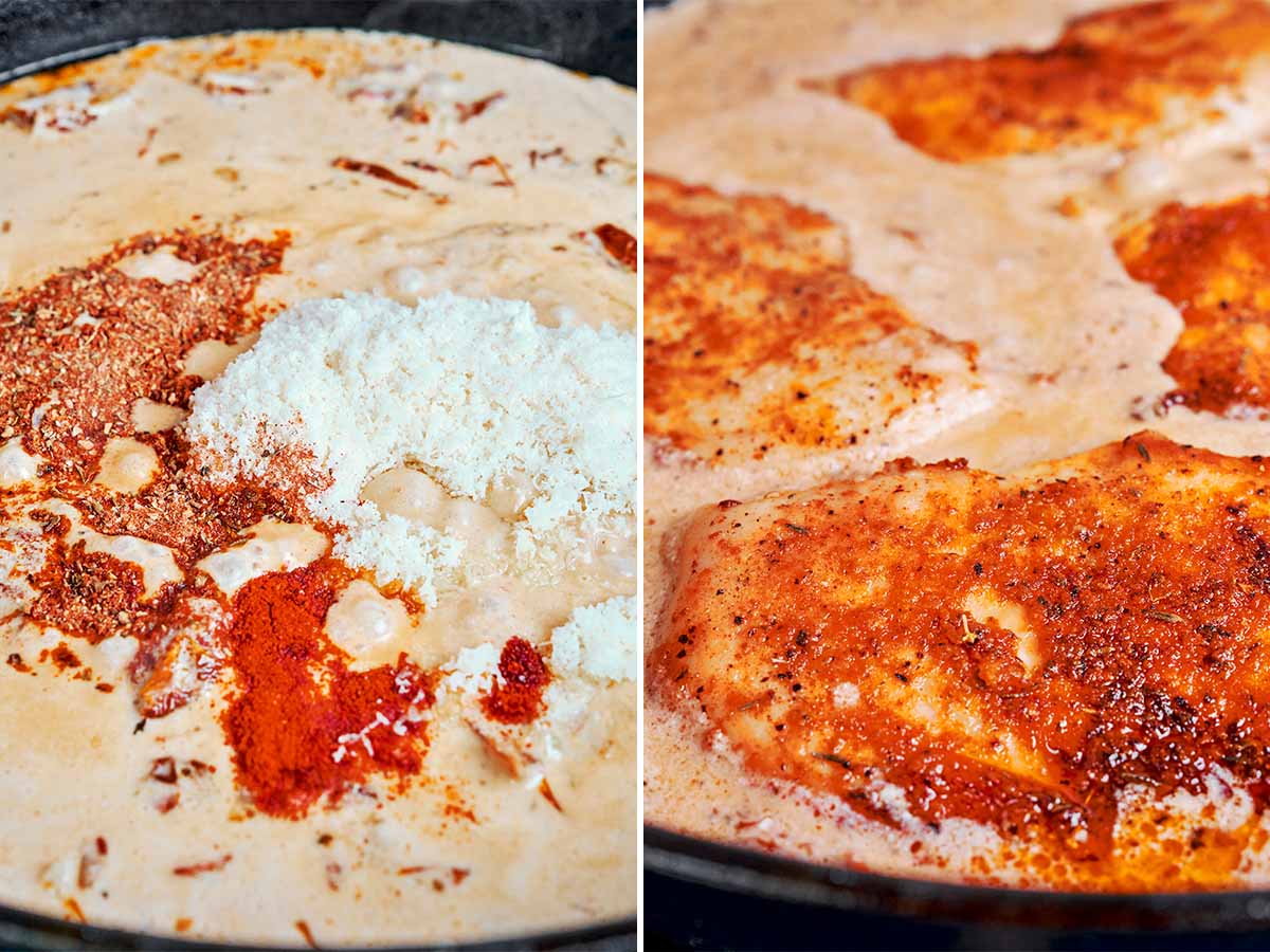 Parmesan and Cajun spices stirred into cream sauce before seared chicken thighs are returned to the skillet