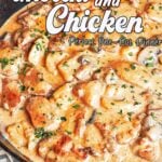 Pinterest pin image for Creamy Chicken and Gnocchi with tender chicken thighs, potato gnocchi, mushrooms, and Parmesan cream sauce.