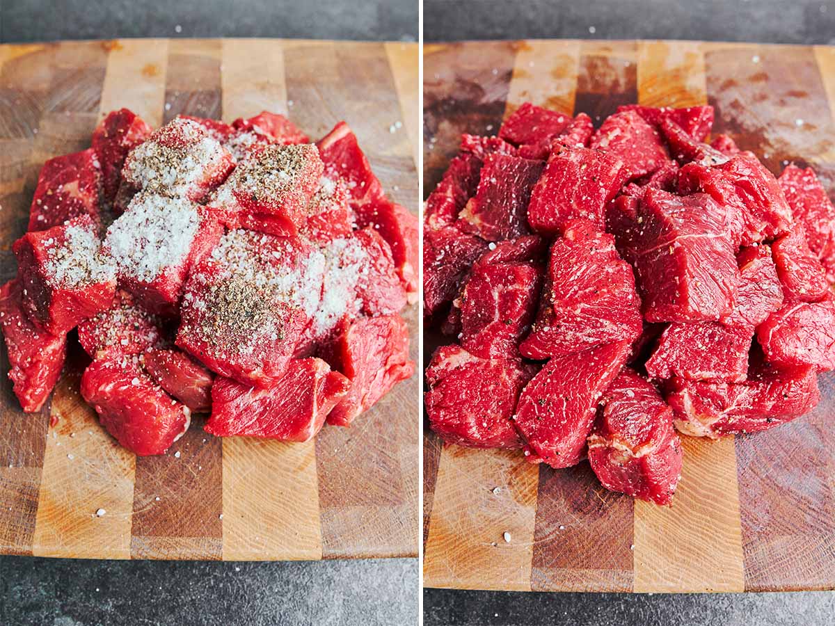 Cubed chuck roast tossed with salt, pepper, and onion powder before searing