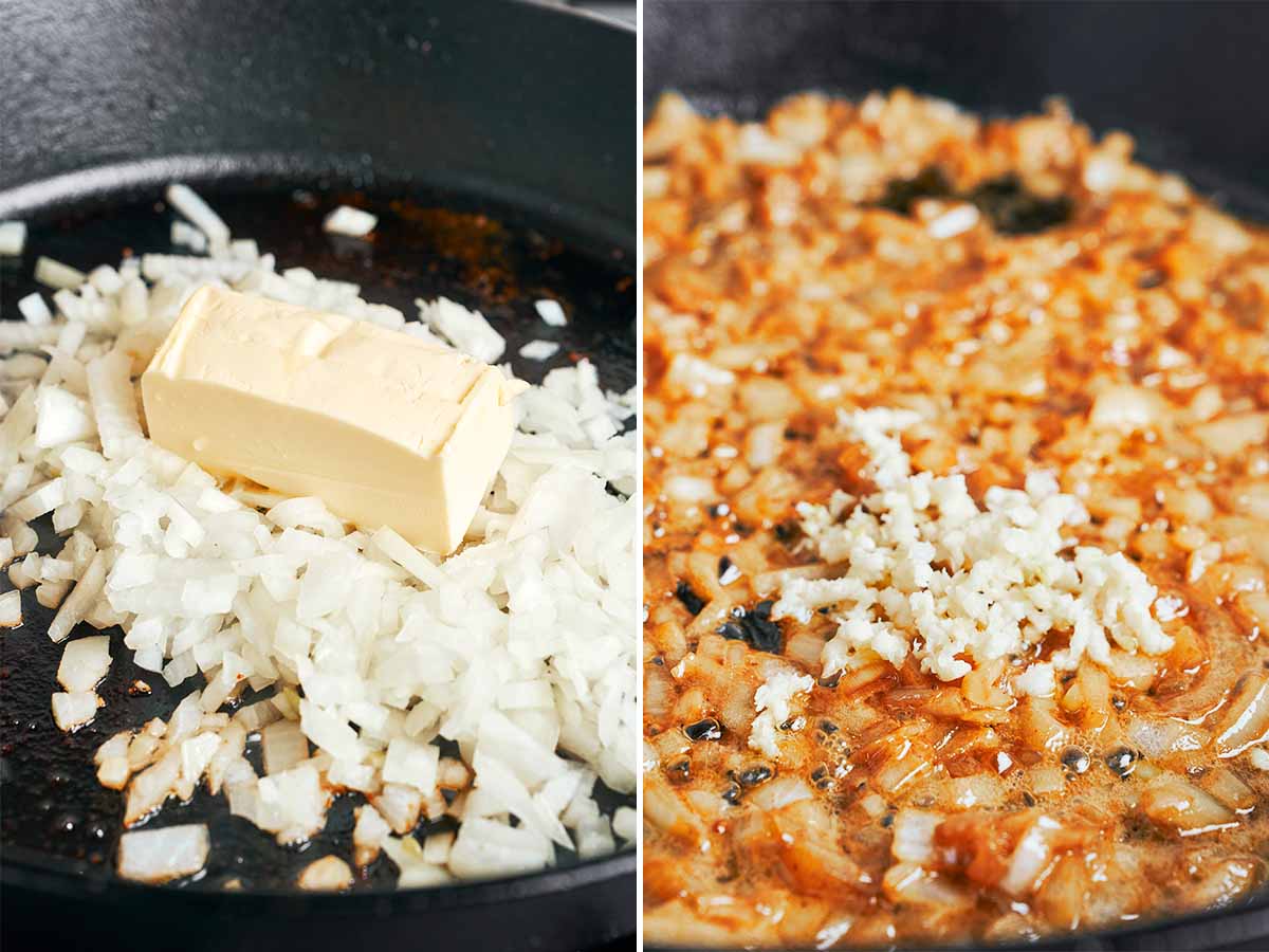 Diced onion cooking with butter before garlic is stirred into the skillet