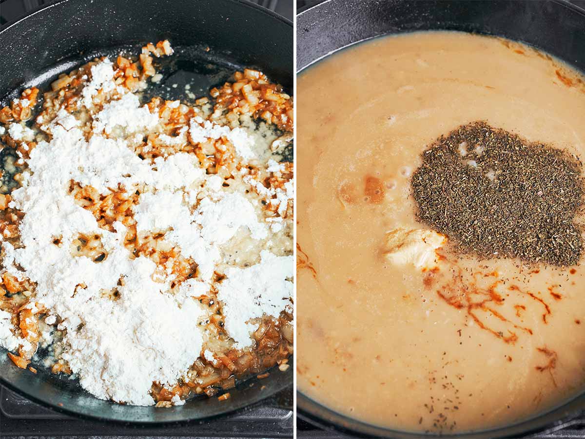 Flour added to the onion mixture before beef broth and seasonings are stirred in