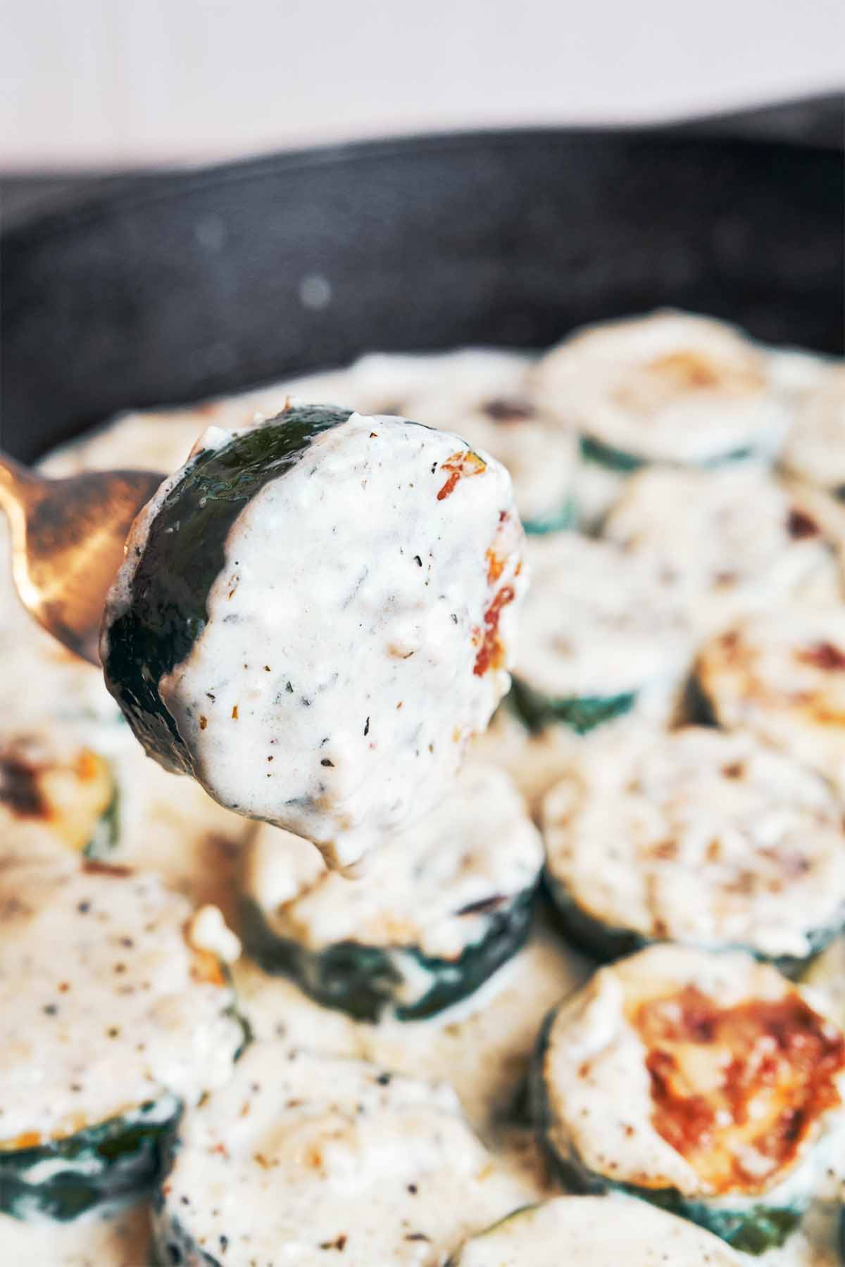 A tender golden zucchini round lifted from the skillet, generously coated in the creamy herb sauce.