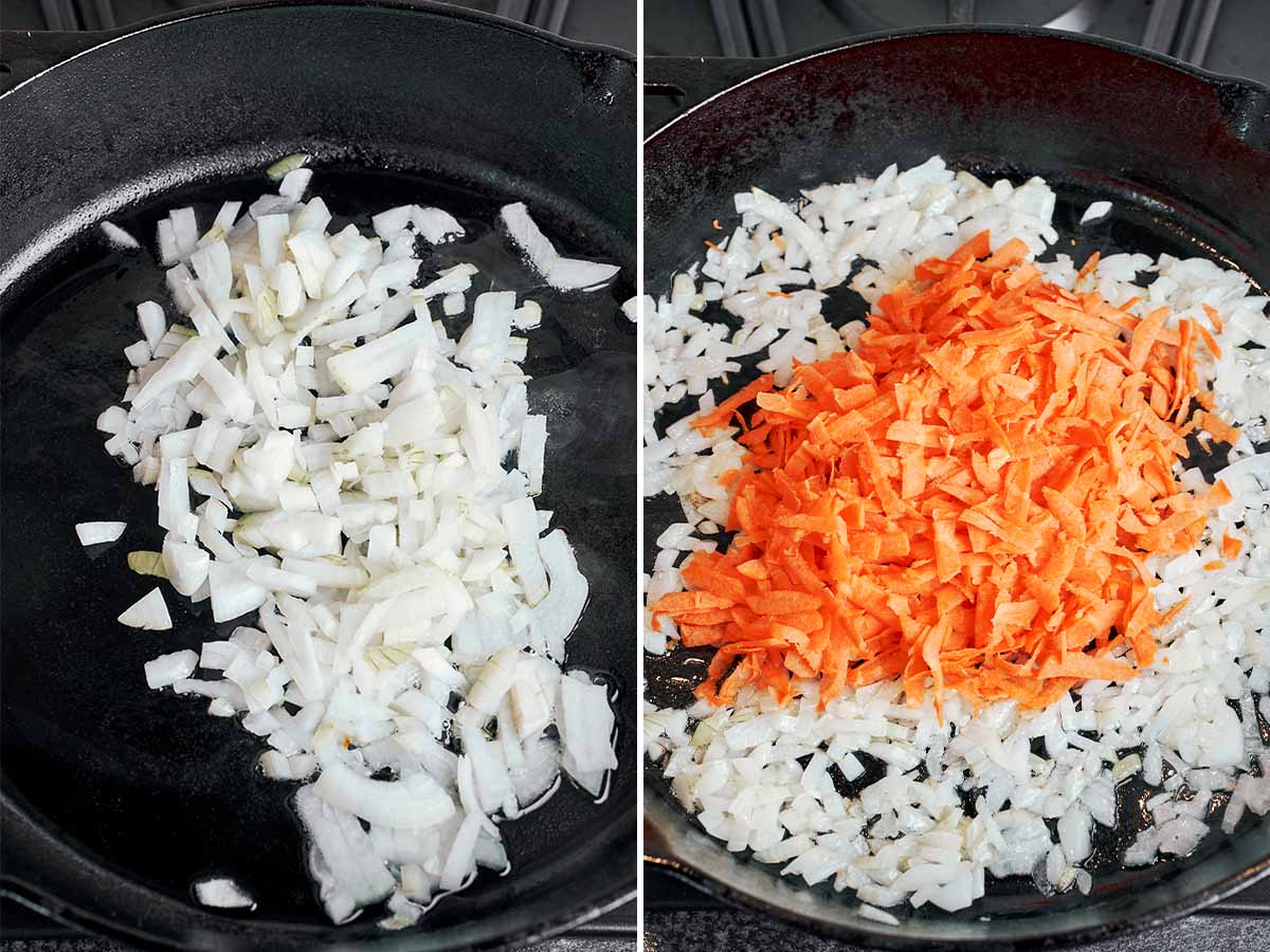Onion and grated carrot cooking in a skillet for the meatballs and sauce