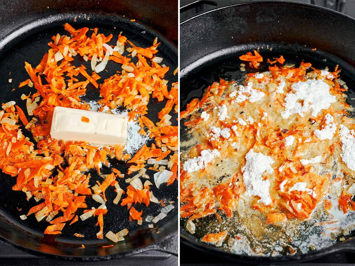 Butter and flour added to sautéed onion and carrot for the creamy white sauce