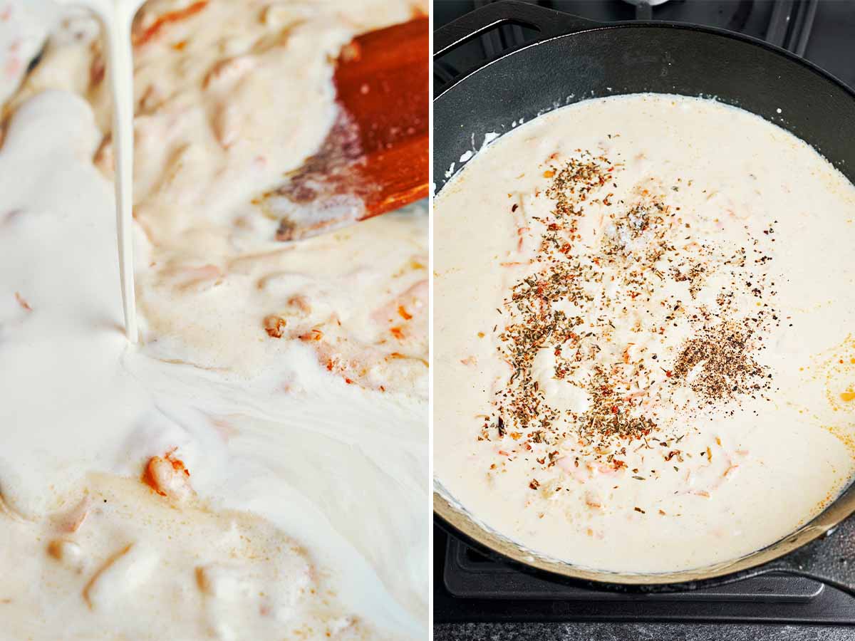 Creamy white sauce coming together with cream, onion, carrot, and seasonings