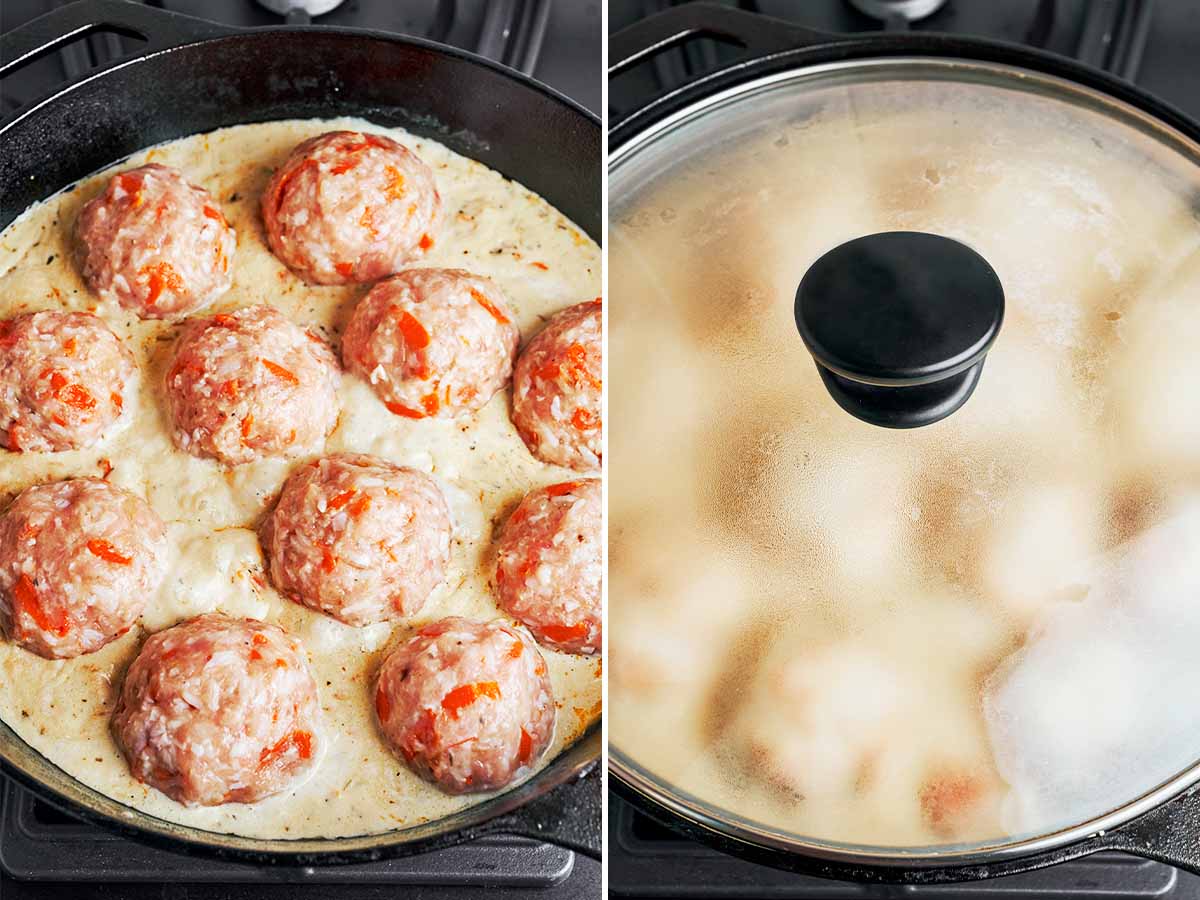 Chicken meatballs cooking in a creamy skillet sauce with the lid on