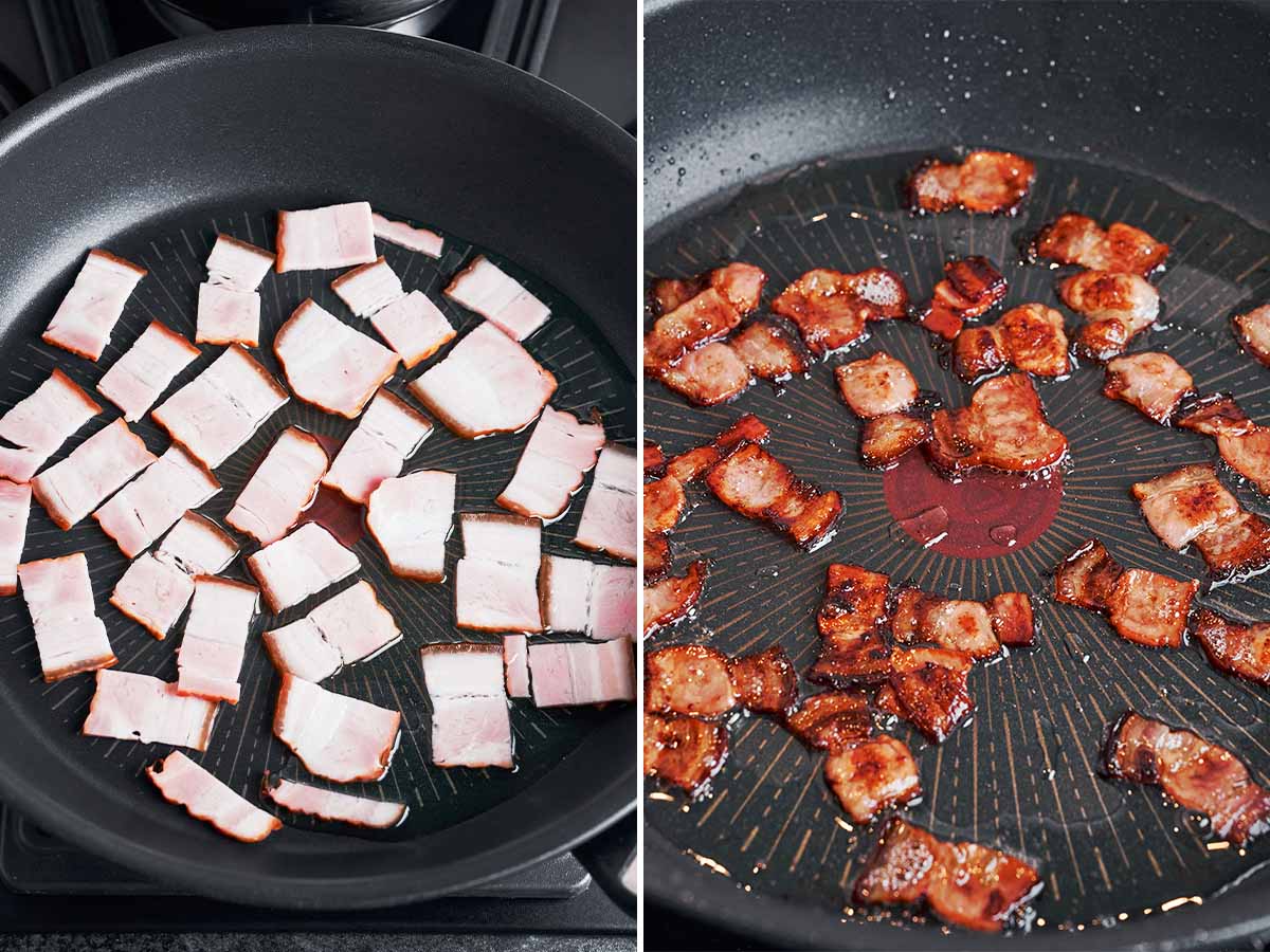 Chopped bacon cooking in a skillet until the edges turn golden and crisp