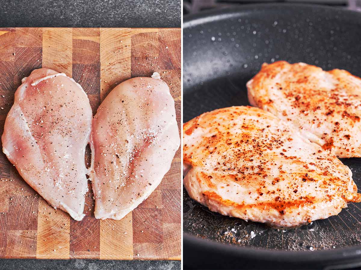 Seasoned chicken breast going from the cutting board to the skillet, where it cooks until lightly golden