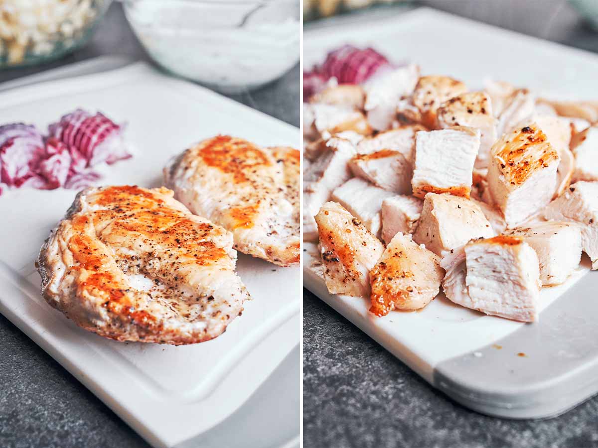 Golden pan-seared chicken resting on a plate, then cut into tender bite-sized pieces