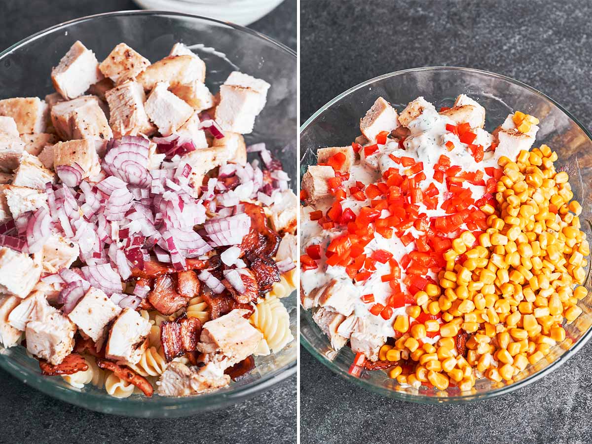Chicken, crispy bacon, and red onion layered over fusilli, then topped with corn, sweet pepper, and creamy dressing