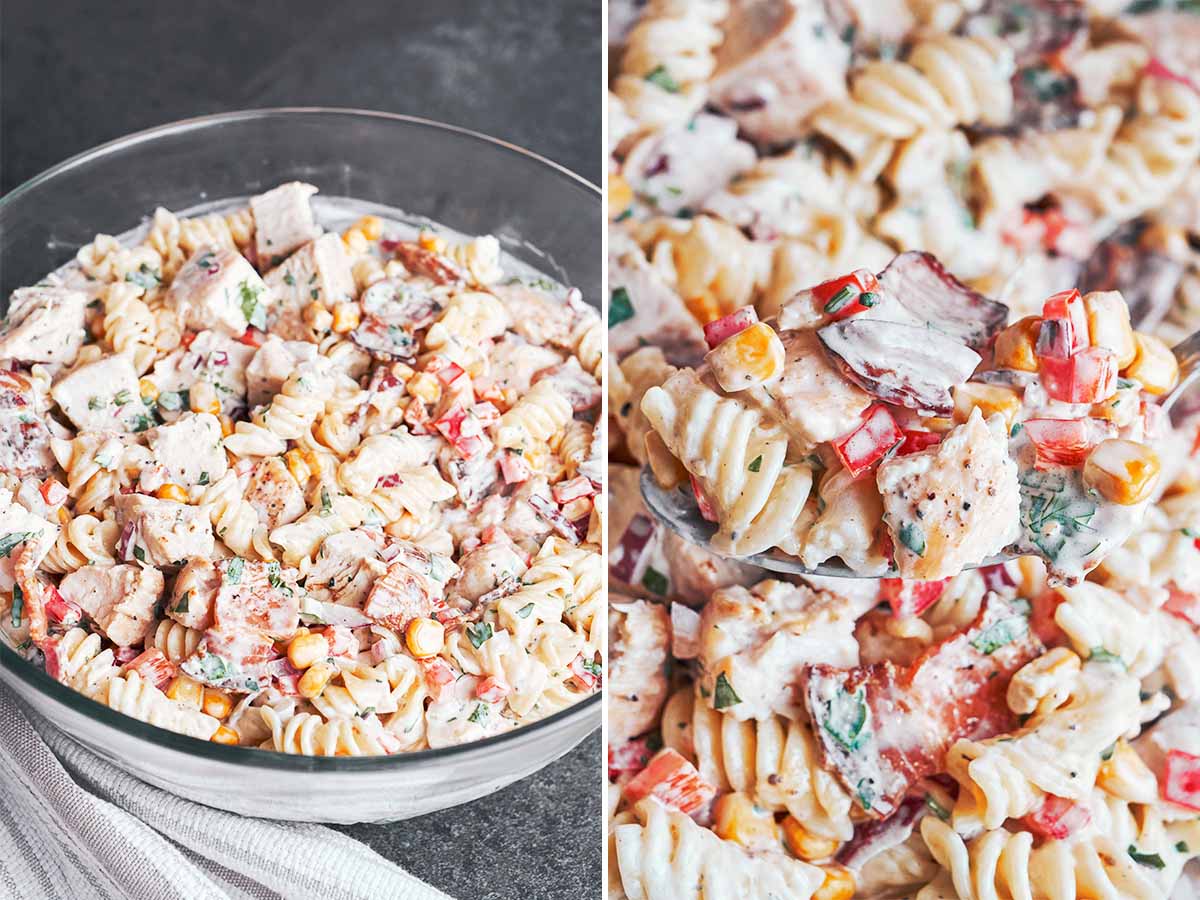 Creamy fusilli tossed with tender chicken, crisp bacon, sweet corn, and red pepper, with a spoonful ready to serve
