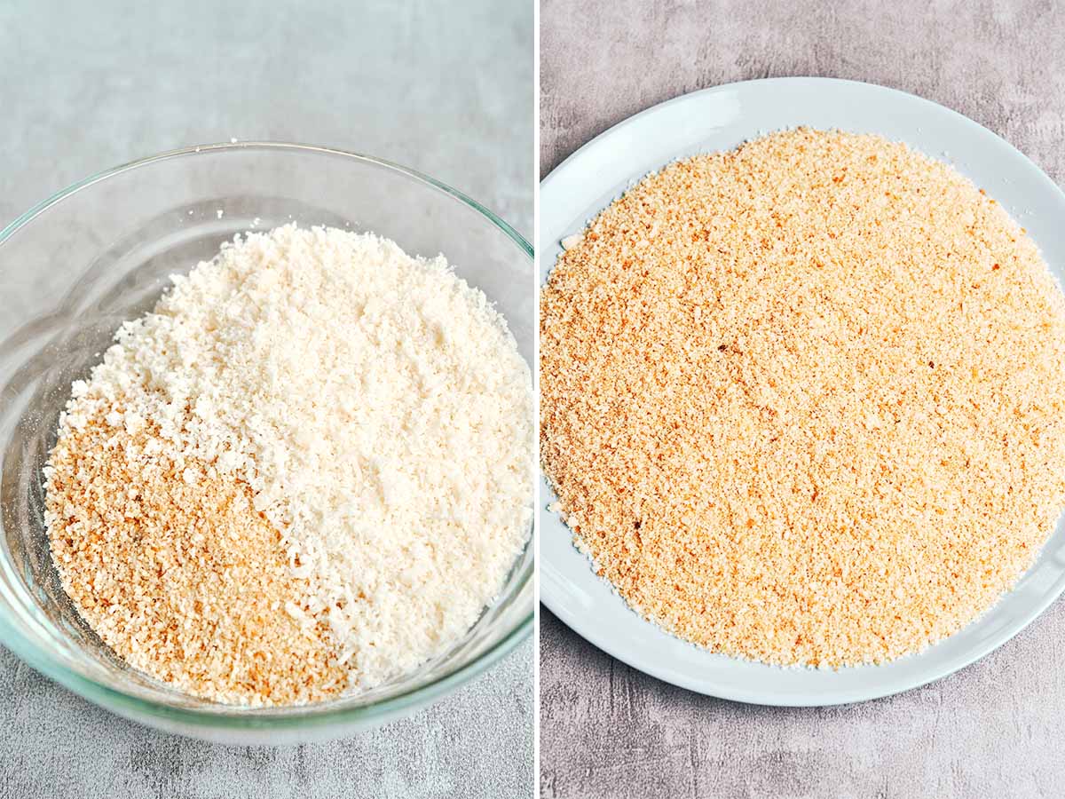 Breadcrumbs, grated Parmesan, and garlic powder before and after mixing into a crisp, savory coating.