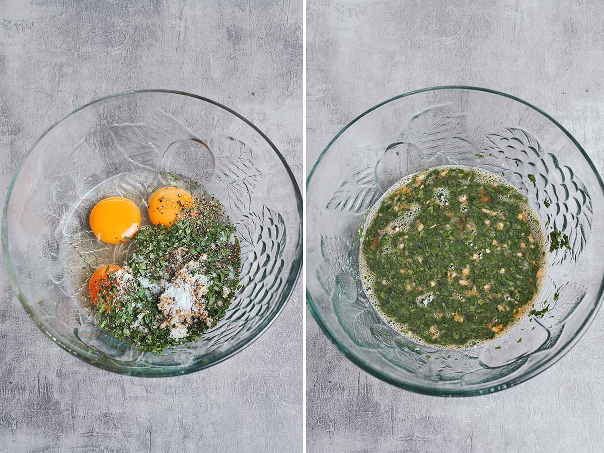 Eggs, fresh parsley, garlic, salt, and black pepper before and after whisking into a garlicky herb marinade.