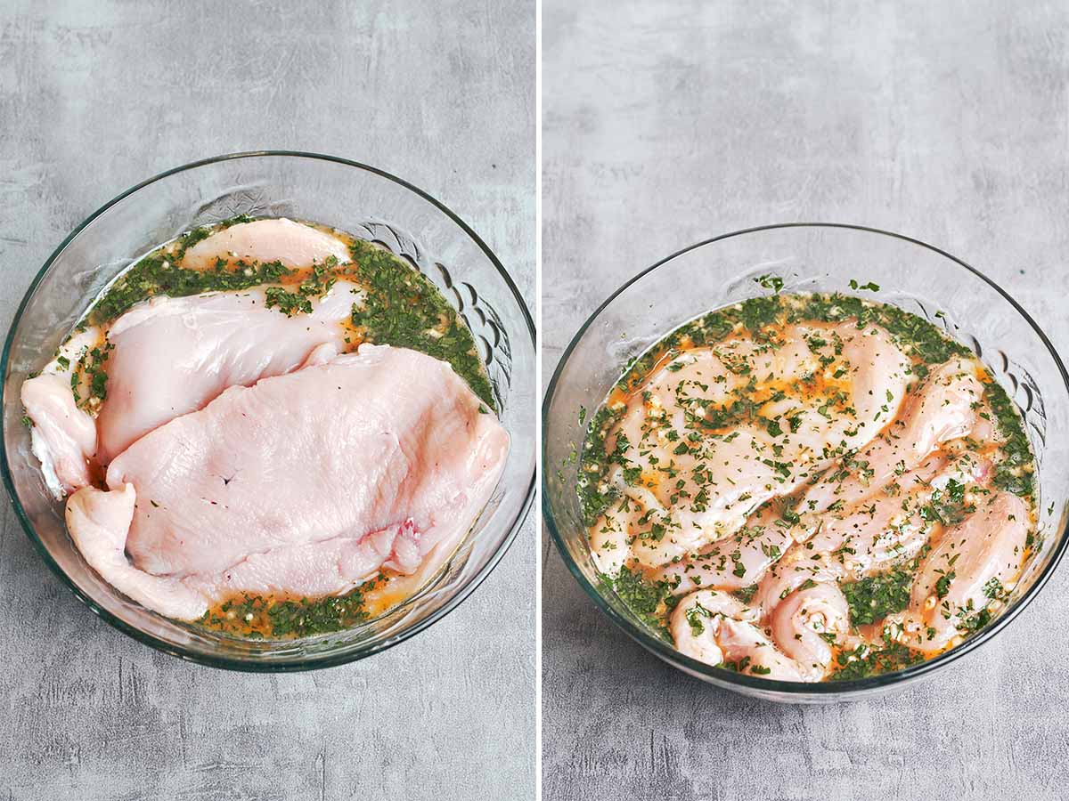 Thin chicken cutlets added to the garlicky parsley egg mixture, then turned until every piece is evenly coated.