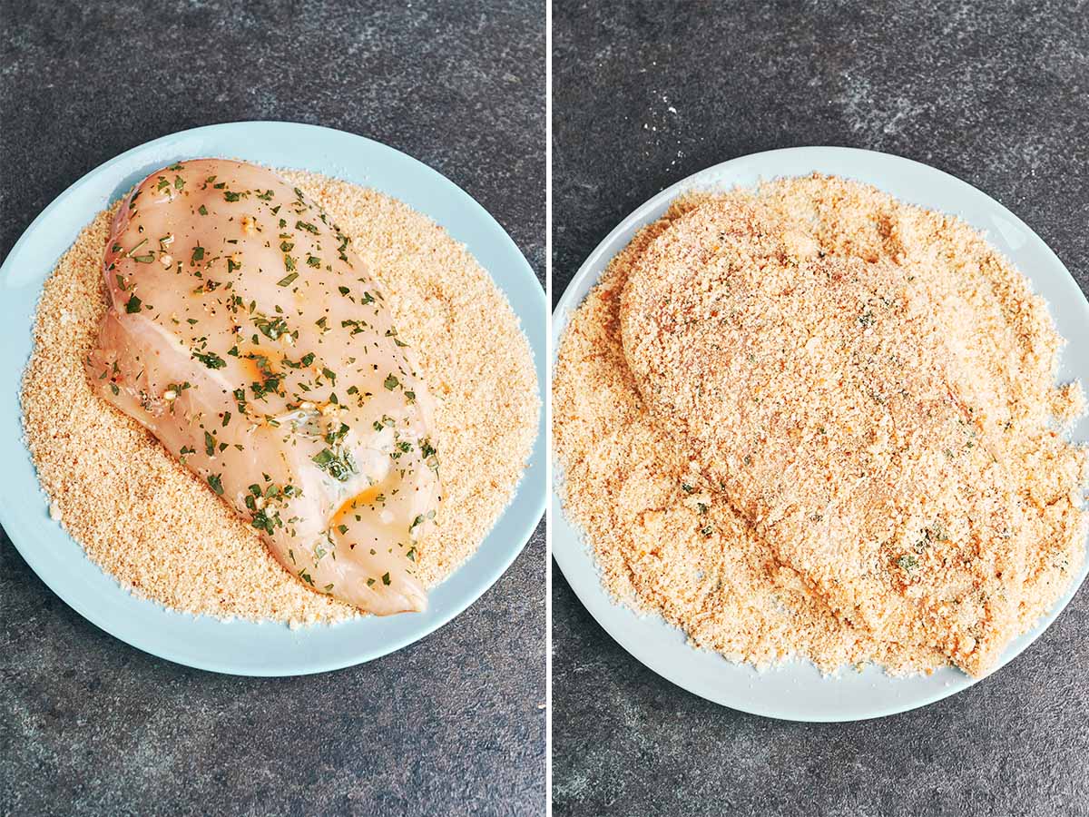 Herb-marinated chicken cutlets pressed into the Parmesan breadcrumbs, then fully coated and ready for frying.