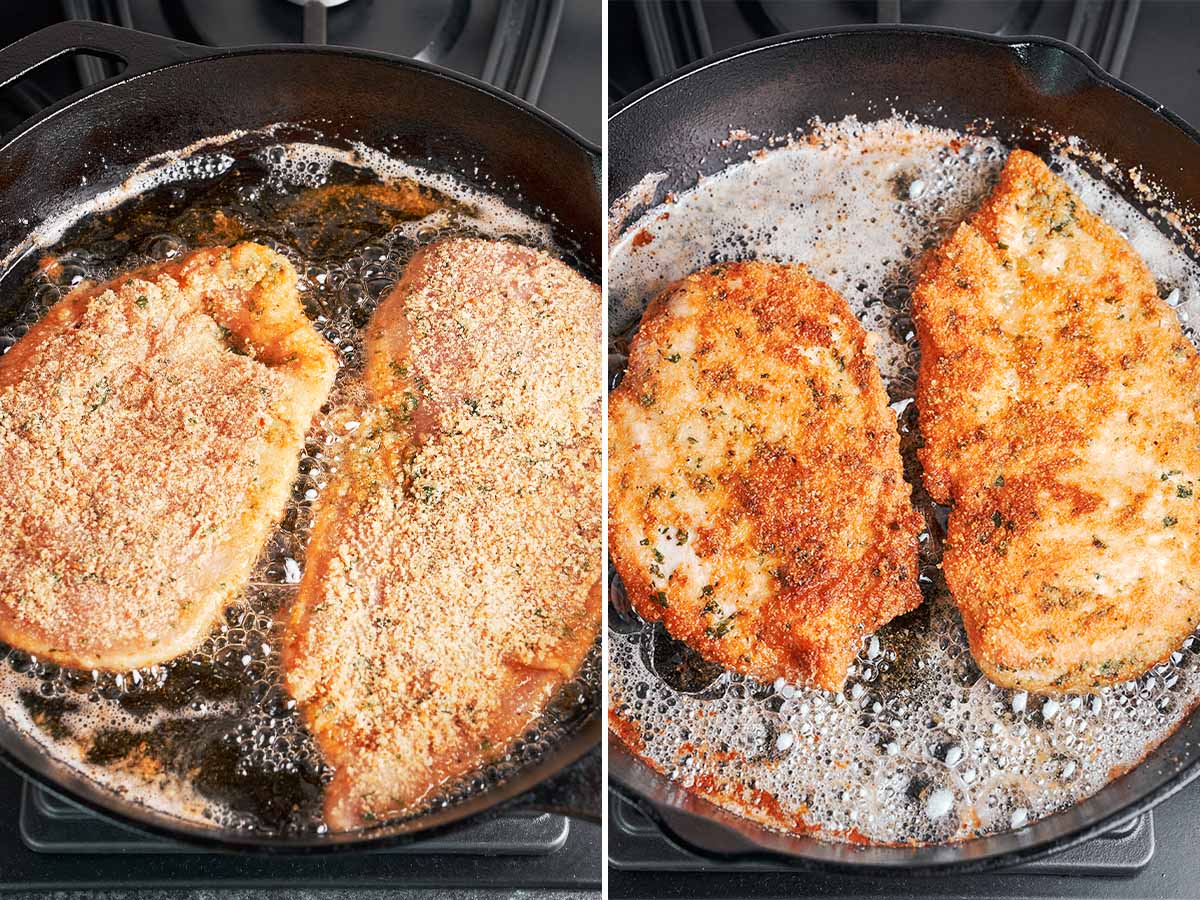 Breaded chicken cutlets frying in hot oil, then turned to reveal a crisp, deep golden Parmesan crust.