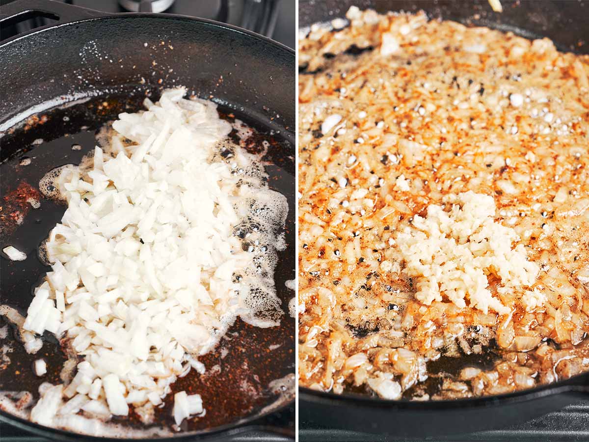 Chopped onion cooking in the skillet, then softened and mixed with fresh garlic to build the base of the tomato sauce.