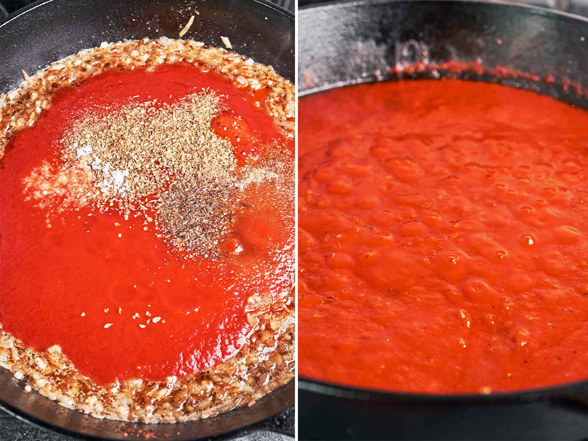 Tomato passata and seasonings stirred into the softened onion and garlic, then simmered into a thick, rich sauce.