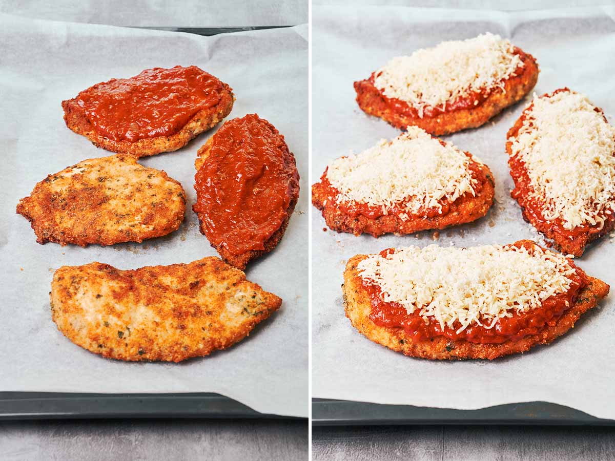 Golden breaded chicken topped with homemade tomato sauce, mozzarella, and Parmesan, ready for a quick bake.