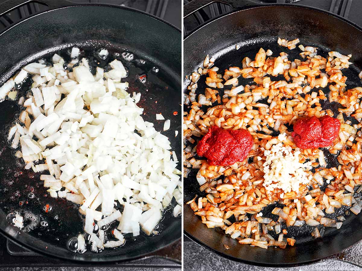 Diced onion softening in the skillet before garlic and tomato paste are stirred in to build the sauce.