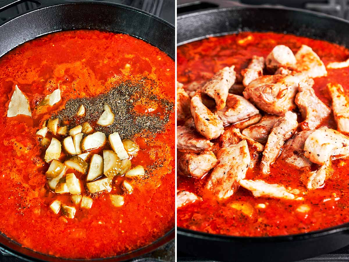 Diced dill pickles, bay leaf, and thyme added to the tomato sauce before the browned pork is returned to the skillet.